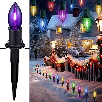 TIORIY C9 LED Christmas Pathway Lights Outdoor, 24.2ft Multicolored LED Christmas Light with Stakes, Connectable 30 Sets Xmas Decoration Light Outside, Walkway String Light