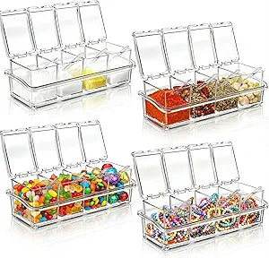 Bokon 4 Set Acrylic Seasoning Box with Spoons, 16 Compartments Clear Spice Organizer, Kitchen Condiment Containers with Lids for Salt, Sugar, Candy