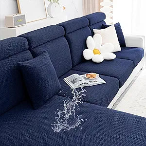 Smiry Waterproof Couch Cushion Covers, Stretch Jacquard Sectional Couch Covers, L Shape Chaise Lounge Sofa Slipcover, Washable Elastic Furniture Protector for Pets, Kid (Chaise Cover, Navy)