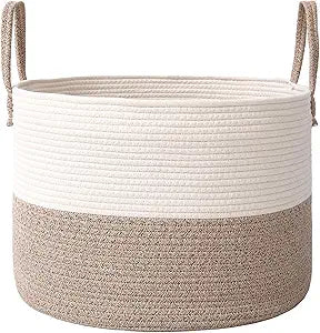 JMvicyroam 115L Extra Large Blanket Basket for Living Room - Woven Cotton Rope Laundry Hamper with Reinforced Handles - Storage Bin for Pillows, Comforters & Toys - Machine Washable,White&Brown
