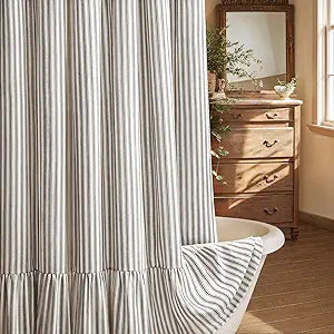 Farmhouse Shower Curtain with Ruffle Hem Linen Shower Curtains for Bathroom Country Vintage Rustic Natural Fabric, Cream-Black Stripe 72" W x 84" L