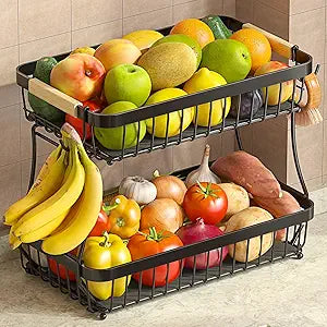 Sevenblue 2 Tier Large Fruit Basket for Kitchen Counter with 2 Mobile Banana Hangers, 2026 Pro Detachable Metal Fruit Bowl with Wooden Handle (Black, 2 Tier Extra Large)