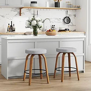 Swivel Bar Stools Set of 2, 24 Inch Counter Height Backless Bar Stools with Fabric Upholstered Seat, Curved Wood Legs and Footrest for Kitchen Island, Dining Room, Gray