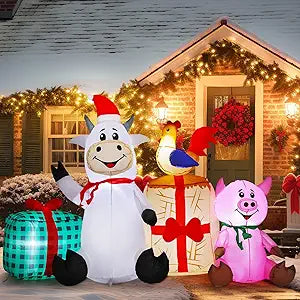 Capoda 6FT Christmas Inflatable Farm Scene Decoration Blow Up Cow Pig Chicken Gifts Outdoor Decor LED Lights Blowups Christmas Yard Decoration for Lawn Garden Xmas Holiday Farm Theme Party Decor