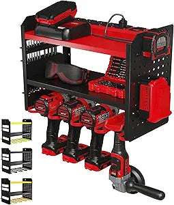 BUILTSTRONG Power Tool Organizer Wall Mount  3-Tier Heavy-Duty Steel Rack, 4 Drill Slots, Pegboard + Utility Side, 100 lb Capacity  Garage, Workshop & Shed Storage (Red)