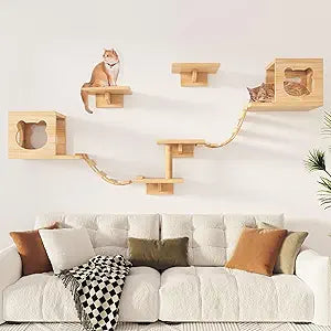 PETKABOO Cat Wall Shleves and Perches, Pine Wooden Cat Wall Furniture Climbing Shelves with Climber, Condo, Scratching Post, Ladder & Platform