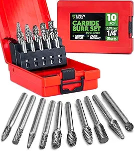 Carbide Burr Set 1/4" (6.35mm) Shank  10 Pcs Double Cut Die Grinder Bits for Milling, Carving, Engraving, Deburring, Drilling, Hard Wood and Metals  Tungsten Carbide Drill Bit Set for Rotary Tools