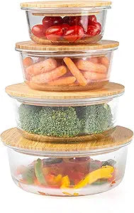 Crutello Glass Meal Prep Containers with Bamboo Lids, 4 Pack - Airtight Clear Food Storage Canisters for Kitchen Organization - A Family-Owned American Brand