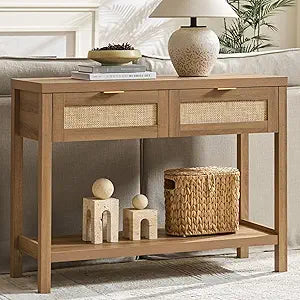 SICOTAS Console Table with Rattan Drawers - Boho Rattan Entryway Table with Storage, Small Console Tables for Entryway, Entry Tables for Hallway