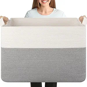 OIASKET 108L Cotton Rope Storage Basket for Living Room and Bedroom 25"x16"x16" Woven Laundry Basket, Heavy Duty Bin for Blankets, Pillows & Toys, Pet-Safe & Scratch-Free, Grey and White