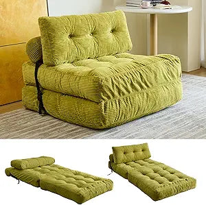 Folding Sofa Bed, Convertible Sleeper Chair with Pillow, Foldable Mattress with Back Support, Portable Floor Sofa Lounge for Living Room Bedroom Dorm(Green, Single)