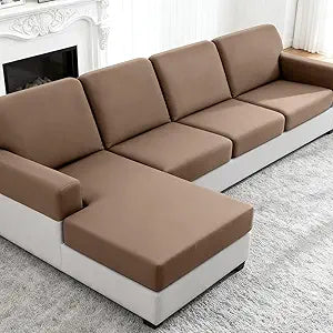 TAOCOCO Sectional Couch Covers Stretch Couch Cushion Covers for Sectional Sofa Chaise L Shape, 4 Pieces Sectional Seat Covers Soft Washable Furniture Protector(3 Seater + 1 Chaise, Light Coffee)