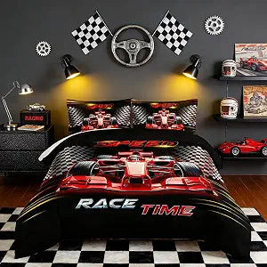 Red Race Car Bedding Comforter Set Twin Size,Black White Checkered Racing Flag Comforter Set,Race Car Room Decor for Kids Boys,Cool Sports Themed Bedding Sets with 2 Pillowcases.