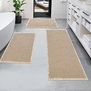 Pauwer 3 Piece Waffle Bath Mat Set - Non Slip, Soft Absorbent Bathroom Rugs for Floor, Tub, Shower - Machine Washable, Khaki