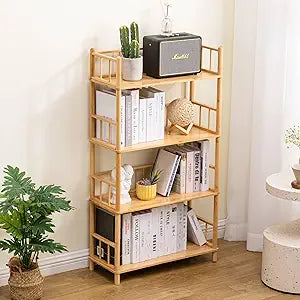 GOGOGO 4-Tier Expandable Bamboo Bookshelf - 150LBS Heavy-Duty, Tool-Free Assembly, Multifunctional Storage for Bathroom/Kitchen/Office Holder Plant Flower Stand (Natural, 4-Tier 10.6" D)