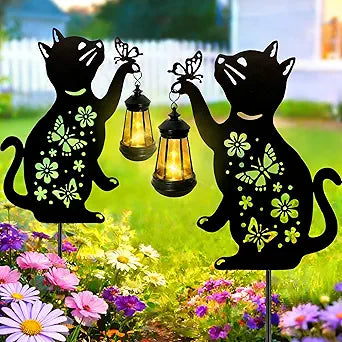 Cat Solar Lights Outdoor, 2 Pack Black Cat Hanging Lantern Waterproof, Cat Lover Gifts for Women Mom Birthday Mother's Day, Metal Garden Statue Yard Decor Patio Pathway Backyard Lawn Ornaments