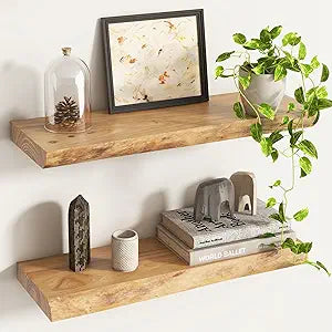 Live Edge Floating Shelves for Wall Decor, Solid Elm Wood Floating Shelves Wall Mounted, Rustic Wall Shelves with Invisible Bracket for Living Room Bathroom Bedroom Kitchen, 24 Inch Set of 2, Natural