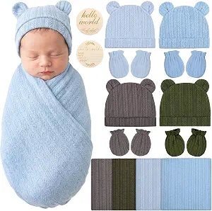 4 Pcs Blue Newborn Baby Swaddles Set with Nursery Receiving Blankets, Beanie Hat, Mittens, Baby Announcement Swaddle Set for Boy, Cotton Newborn Babys Swaddle Wrap for Hospital, Photo