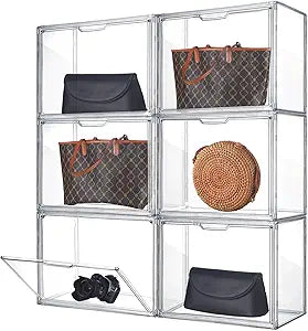 Bucherry 6 Pack Large Clear Acrylic Display Case with Magnetic Door, 14" x 9" x 10" Stackable Purse Storage Boxes Display Case for Handbag Cosmetic Wallet Heels Collectibles Figures Boots Storage