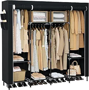 CASAMAYA Portable Closet, 66.9 Inch Large Capacity Wardrobe Closet with Cover, Clothes Storage Organizer with Shelves and 4 Hanging Rods, Easy to Assembly, Black PCT204B01