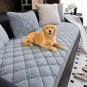 Faux Fur Couch Cover for Dogs Washable, Soft Fuzzy Thick Pet Couch Covers for 3 Cushion Sofa Pet Friendly, Anti Slip Plaid Sofa Cover Dog Mat (Light Grey,28"x82")