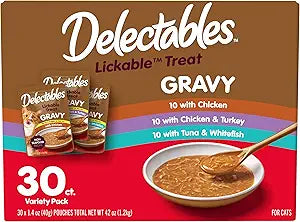 Delectables Lickable Treat Gravy Variety Wet Cat Treat & Food Topper, Food Topper, Hydrating, Grain-Free, No Fillers, No by-Products, No Added Preservatives, 1.4oz Pouch, 30 Pack