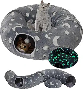 Cat Tunnel Bed for Indoor Cats with Washable Cushion Cat Cave Donut Tunnel with Fluffy Ball Big Round Tube Pet Playground Toys Soft Plush Peekaboo for Kitten, Cat, Puppy, Rabbit, FerretMoon Star