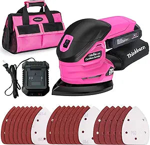 THINKLEARN Cordless Detail Sander - 20V Electric Hand Sander with 22Pcs Sandpapers, 12000 RPM Mouse Sanders with Dust Bag, Compact Palm Sanding Tool for Woodworking, 2.0Ah Battery and Charger Included