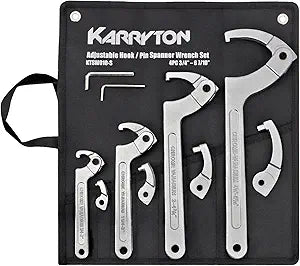 Adjustable Pin Hook Spanner Wrench Set, w/ 8pc Interchangeable Hook and Pin Heads, 3/4" to 6-7/10" Capacity Coilover Hook Wrenches for Plumbing, Automotive and Mechanical Applications