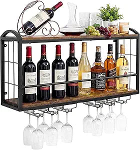 Wall Mounted Wine Rack, Floating Bar Shelf with 2 Tier Wood Shelves and Wine Glass Holder, Rustic Industrial Wine Storage Organizer for Kitchen Dining Room Home Bar (Model B)