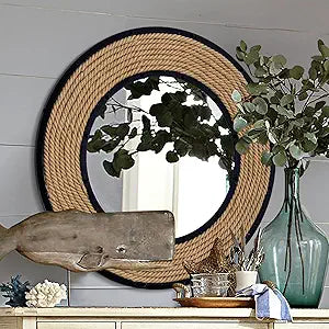 30'' Nautical Round Mirror for Wall Decor, Rattan & Metal Ship Rudder Black Frame, Boho Coastal Wall Mirror for Industrial Farmhouse Bathroom, Living Room, Bathroom, Dining Room, Entryway