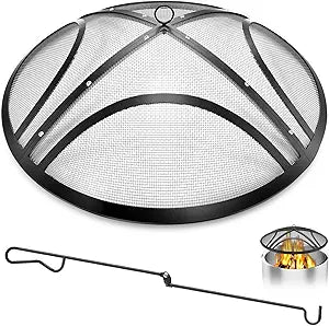 Fire Pit Spark Screen, 27 Inch Outdoor Fire Pit Screen with Handle & Poker, Heavy-Duty Steel Fire Pit Cover Round Mesh Replacement Firepit Screen for Backyard/Beach/RV Camping