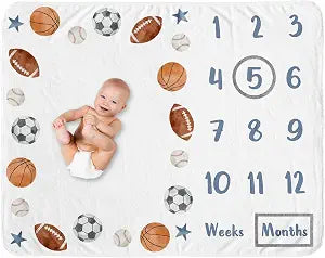 Sweet Jojo Designs Sports Theme Boy Baby Milestone Blanket Newborn Monthly First Year Photo Growth Chart Infant Memory Gift Set Watercolor Vintage Soccer Balls Football Baseball Basketball Blue Stars