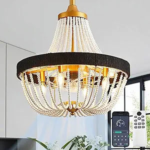 20 Inch Bohemian Empire Ceiling Fan Light 7 Blades, Remote APP Control, Adjustable Chain, Quiet Operation Ideal for Hallway, Living Room, Bedroom (Gold Metal+White Wood Bead, 20" Rustic Style)