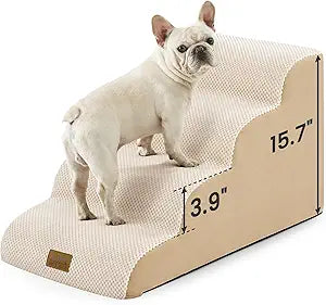 COZY KISS Dog Stairs for Small Dogs 15.7" H, 4-Step Sturdy Foam Dog Steps for Couch and Bed, Curved Pet Stairs for Puppy and Older Cat, Doggie Ladder with Washable Cover, 15.7x28.3x15.7 inch, Beige