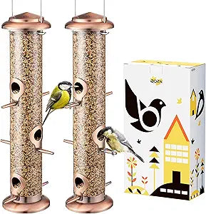 iBorn Metal Bird Feeders Brushed Copper Wild Bird Feeder for Outdoors Hanging All Metal Brushed Copper Finishing 15 Inch 6 Port,Pack of 2