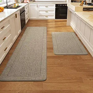 Kitchen Mats for Floor, 17''x30''+17''x59''Kitchen Rugs Set of 2, Washable Non Slip Absorbent Kitchen Mat, Braided Kitchen Runner Rug, Kitchen Sink Rug, Brown