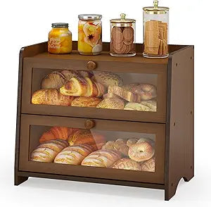 JANSNIMEN Double Layer Bread Box for Kitchen Countertop, Large Breadbox Bread Container Storage with Acrylic Door, Wooden Farmhouse Bread Holder (Brown, Medim-15.7" L x 9.5" W x 13" H)