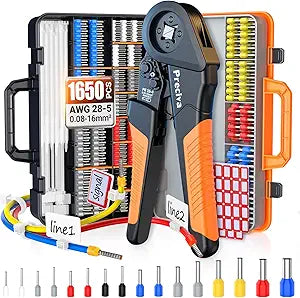 Preciva 1650PCS Ferrule Crimper Tool Kit - 4 AWG 28-5 (0.08-16mm) Ferrule Crimper, Self-Adjusting Ratchet Crimping Pliers | Wire Ferrules, Cable Ties & Labels, Storage Case for Electrical Work