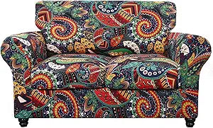 SearchI Stretch Sofa Cover Printed Couch Cover, Floral Pattern 3 Pieces Loveseat Slipcover with 2 Separate Cushion Cover, Washable Furniture Protector for Living Room(Loveseat, Paisley Pattern)