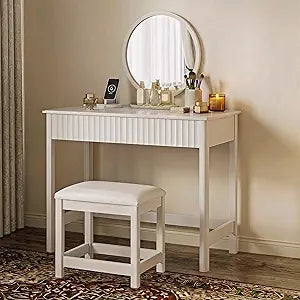 ChooChoo 40 Inch Modern Desk with Drawers, Makeup Vanity Desk with Padded Stool, Small Home Office Desk for Bedroom, White