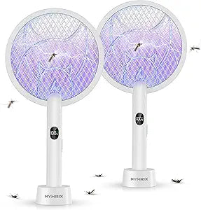 Nymrix Electric Fly Swatter Racket,2 in 1 Mosquito Bug Zapper 4100V Handheld Mosquito Killer with 1800 mAh Rechargeable Battery, Purple Light and 3-Layer Safety Mesh for Indoor Outdoor Grey Two-Pack