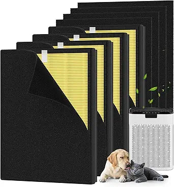 4 Packs KJ190L Pet Care Replacement Filter Compatible with MOOKA KJ190L and KJ190H Air Purifi-er, Washable 3-Stage Filtration for Smoke, Pollen, Activated Carbon for Odor & Dander Control, Yellow