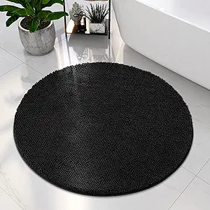 HOMEIDEAS Round Bathroom Rug, Luxury Chenille Shaggy Extra Soft and Absorbent Non Slip Machine Washable Bath Mat (Black, 3 Ft)