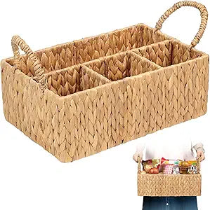 Divided Baskets with Handles, Storage Basket Natural for Organizing Bathroom Kitchen Shelves Office Supplies Organization, Wicker Storage Baskets 4 Section (1, Light Brown)