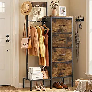 Lewondr Dresser with Hanging Rack and Storage Drawers, 4 Drawer Chest with Hooks and Rack, Rustic Entryway Organizer for Accessories, Brown Wood Finish