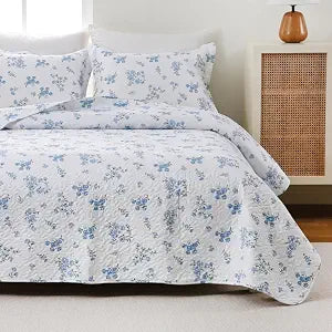 Floral Quilt Set Queen Size,3 Pcs Reversible Bedspread Coverlet,Blue White