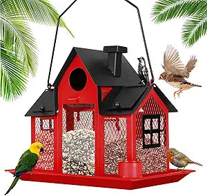 Solar Bird Feeders House for Outside Hanging, Metal Wild Bird Feeder for Outdoors Large Capacity Cardinal Birdfeeder Birdhouses Metal Bird Feeding Station Red