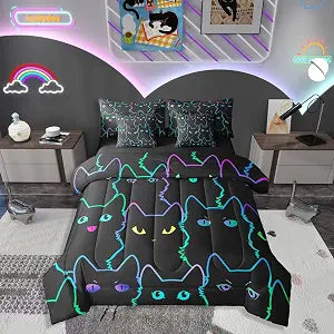 Erosebridal Kids Cat Comforter Twin Bed in A Bag 7 Piece Black Cats Bedding Sets with Sheets for Girls,Cartoon Bed Set (1 Comforter,1 Flat Sheet,1 Fitted Sheet,2 Pillowcase,2 Pillow Covers)