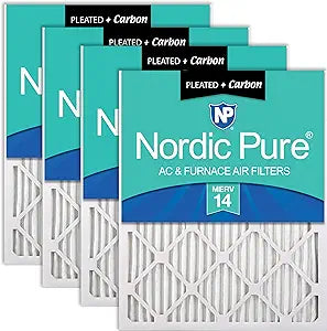 Nordic Pure 20x20x1 (Actual Size: 19 1/2 x 19 1/2 x 3/4) Pleated Air Filters MERV 14 Plus Carbon 4 Pack